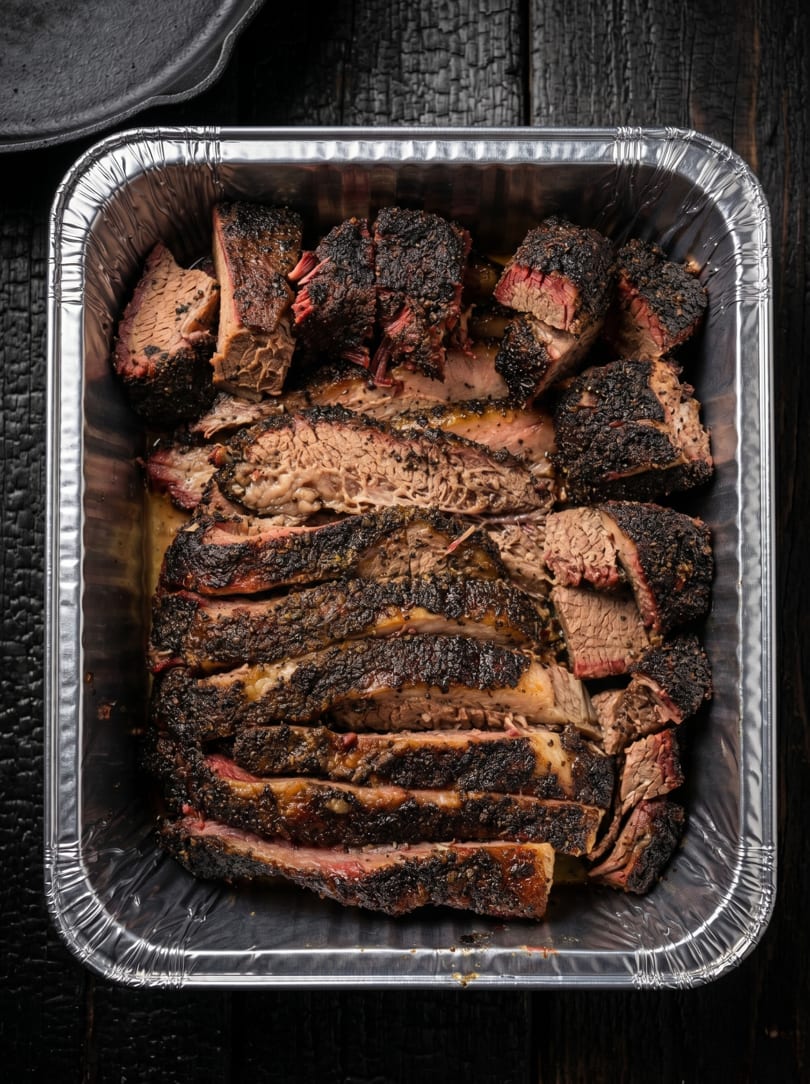 Sliced smoked brisket with a dark, crusty bark in a foil pan on a charred wooden surface.